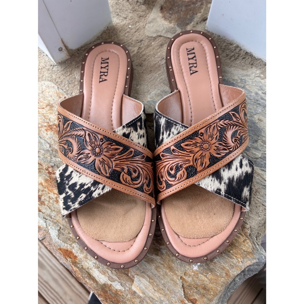 Myra Women Brown Black Floral Tooled Leather Hair on Hide Slide Sandals Size 9